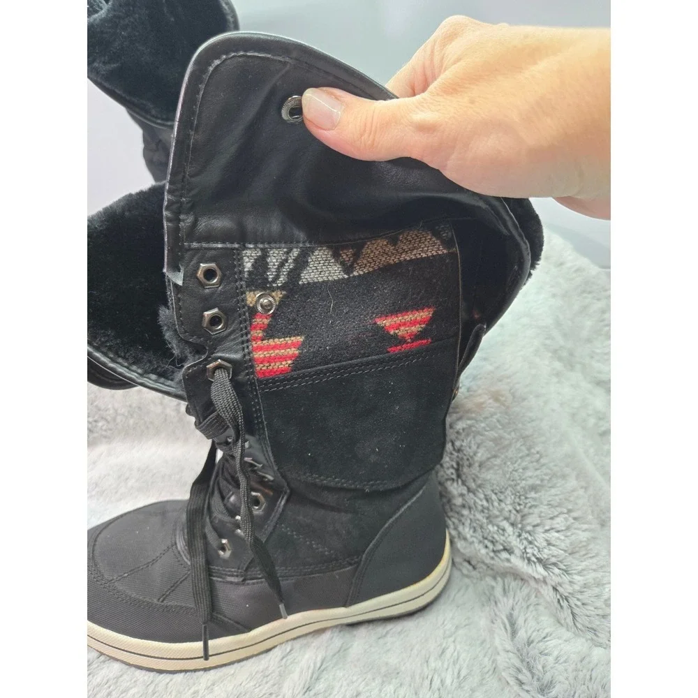 Womens Black‎ Lace Up Duck Boots Waterproof Fold Down Faux Fur Trim Winter